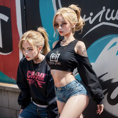 one pretty woman，Sexy figure，Bumpy figure，Fair face，Sweatshirt shorts to wear，Tattooed with，hip hop style，Graffiti walls，Wearing an exaggerated necklace，Blonde ponytail hair