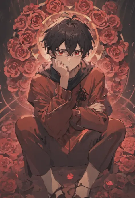 Describe a teenage Adult male with black hair and crimson rose-like eyes. Who is sitting with his right leg on top of his left leg and his hands holding his head like an antagonist in a fictional story