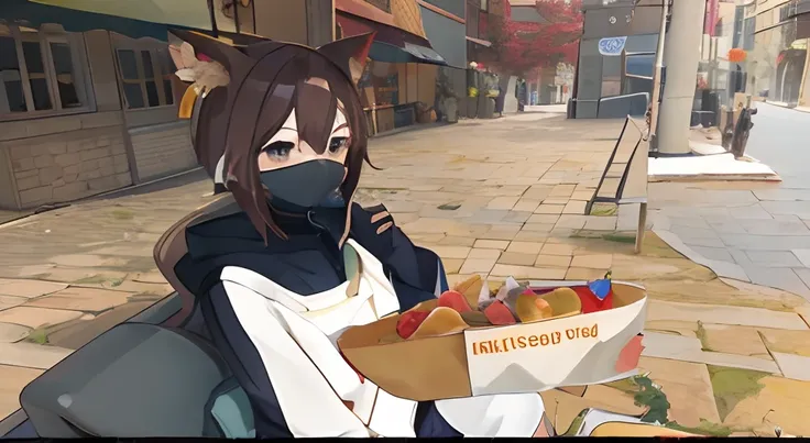 anime character holding a hot dog in a city square, vrchat, holding a baguette, with kitsune mask, in game, restaurant!, in front of ramen shop, hi - res scan, hi-res scan, rin, in-game, in - game, restaurant!!, mysterious coffee shop girl, wearing a kitsu...