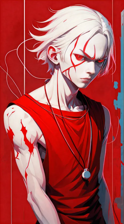 albino character, dynamic pose, red eyes, unnaturally pale skin, well drawn hands, digital painting, thin red outlines, electric wires, painting in the style of Ilya Kuvshinov and Saner Edgar, highly detailed, dark psychedelic background