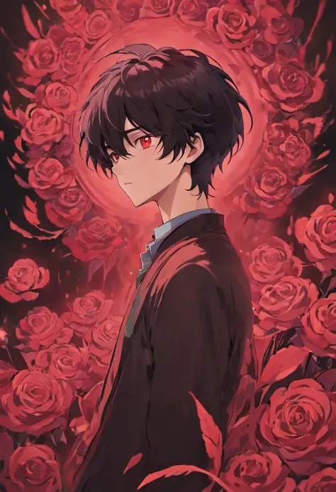 Describe a teenage Adult male with black hair and crimson rose-like eyes. Who is staring intently