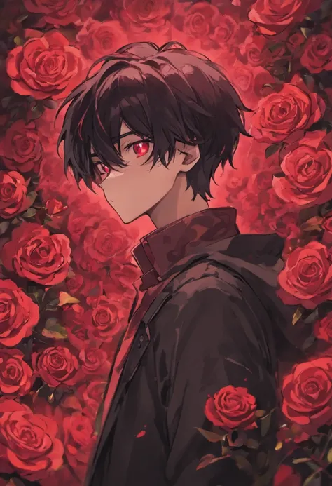 Describe a teenage Adult male with black hair and crimson rose-like eyes. Who is staring intently