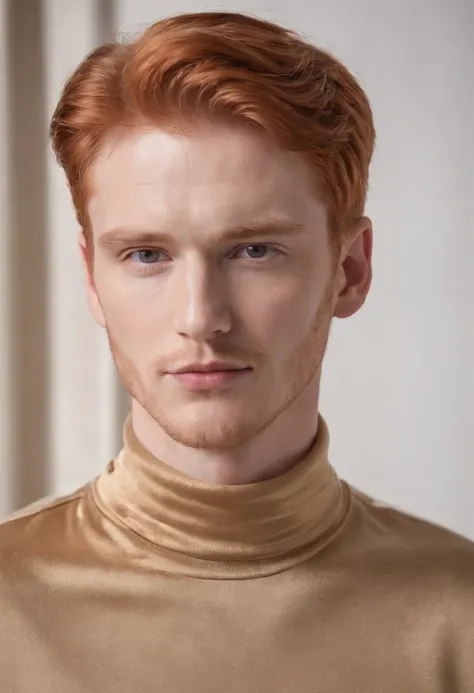 young red-haired man, in turtleneck shirt, gold color, dynamic pose, side view, light background, front lighting, medium shot, high quality photo，upper body