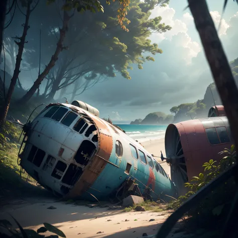 A plane crashed on a beach of a deserted island, and several passengers survived. Will they be able to make it back alive? (best quality,4k,8k,highres,masterpiece:1.2),ultra-detailed,(realistic,photorealistic,photo-realistic:1.37),HDR, UHD, studio lighting...