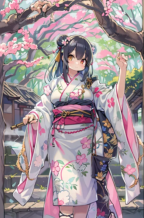 ((masutepiece,Best Quality)),2girls, Black kimono, Black legwear, a black ribbon, Black hair, cherryblossom, day, flower, Hair bun, Hair Ribbon, komono, Kimono, Long hair, Looking at Viewer, Looking back , Multiple girls, a belt, Outdoors, Red Eyes, Red ha...