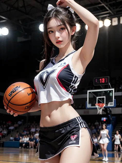 nsfw, 1girl, nude, standing, cheerleader, skirtlift, slit_pussy, perfect pussy, basketball, (masterpiece: 1.4), (8K, realistic, raw photo, best quality: 1.4), Japanese girl, beautiful cute face, (real face: 1.4), beautiful hairstyle, realistic blue eyes, b...