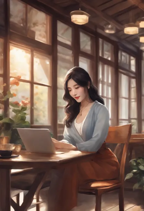 Purpose or theme: Create an avatar for Zoom

Detailed Instructions:
Japan woman with black hair during a web conference、Sitting in a corner of a book café、Spreading out laptop with coffee in hand。The background should be transparent。Image size is 16:Please...