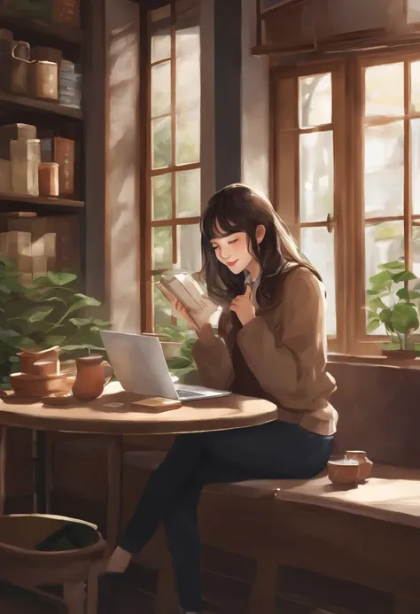 Purpose or theme: Create an avatar for Zoom

Detailed Instructions:
Japan college student with black hair taking a web lecture（femele）But、Sitting in a corner of a book café、Spreading out laptop with coffee in hand。The background should be transparent。Image...