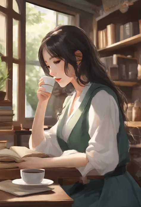 Purpose or theme: Create an avatar for Zoom

Detailed Instructions:
Japan college student with black hair taking a web lecture（femele）But、Sitting in a corner of a book café、Spreading out laptop with coffee in hand。The background should be transparent。Image...