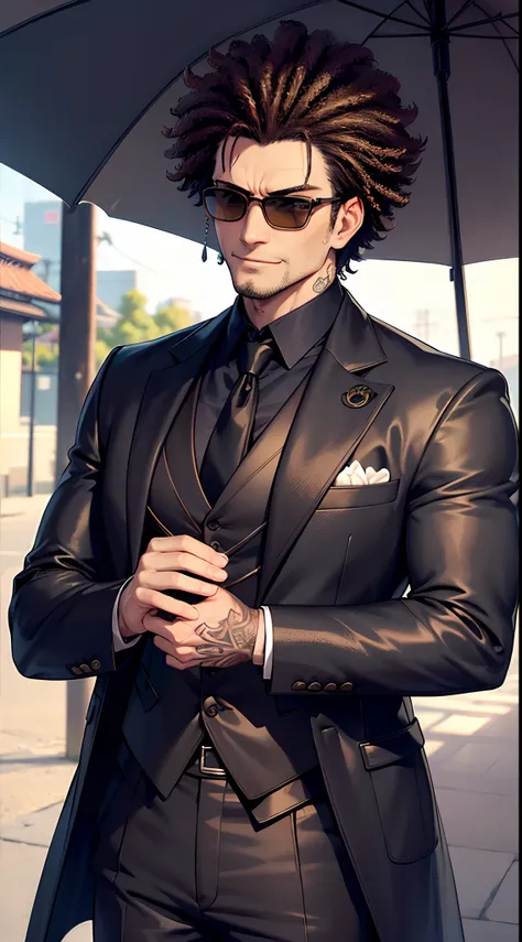 8k, masterpiece, extreme detail, expressive clothing, expressive hair, expressive face, 1male, yakuza, sunglasses, brown afro hair, black coat and tie, black pants, formal suit, tattoo hands, smirking, adult, japanese streets, morning, sunshine, head to to...