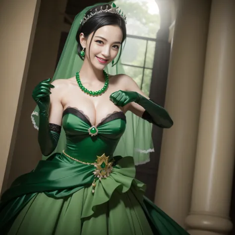 Boyish very short black hair, lipsticks, Japan woman smiling, Green Long Grove, Long green gloves made of satin material, lipsticks, Japan woman smiling, Satin green long gloves,　emerald tiara, Green Pearl Necklace, verd s eyes, Green eyes, Long green glov...