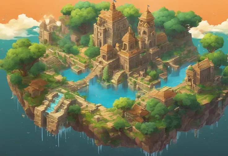 floating island, Decaying ruined cities and land in the sky, where once a prosperous city was formed, but the buildings made of stone and wood have decayed and are dominated by the life force of plants and trees. Ancient ruins, uninhabited, a paradise for ...