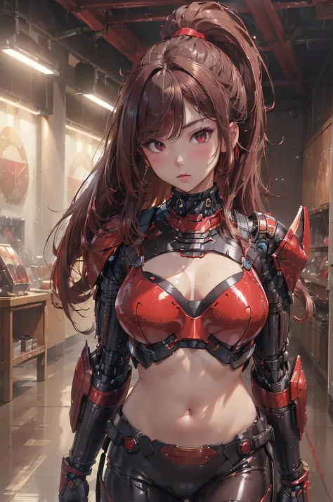 (8K, best quality, high-resolution:1.4), (masterpiece: 1.2), ((1 girl)), full body, large breast, light brown hair, ponytail hair, exposed cleavage, showing stomach, (sexy
black/red cybernetic armor:1.3),