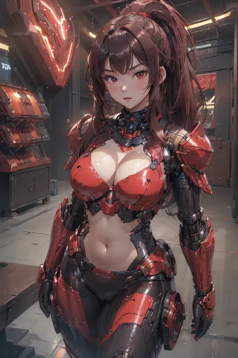 (8K, best quality, high-resolution:1.4), (masterpiece: 1.2), ((1 girl)), full body, large breast, light brown hair, ponytail hair, exposed cleavage, showing stomach, (sexy 
 black/red cybernetic armor:1.3),