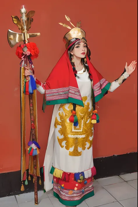 Arafed Woman in a suit with a crown and a cane, Traje tradicional, authentic costume, Traje ruso, Vestimenta tradicional, Ropa tradicional, Disfraz elaborado, Vestimenta tradicional, Una mujer joven como Genghis Khan, Rusia tradicional, Antigua princesa li...