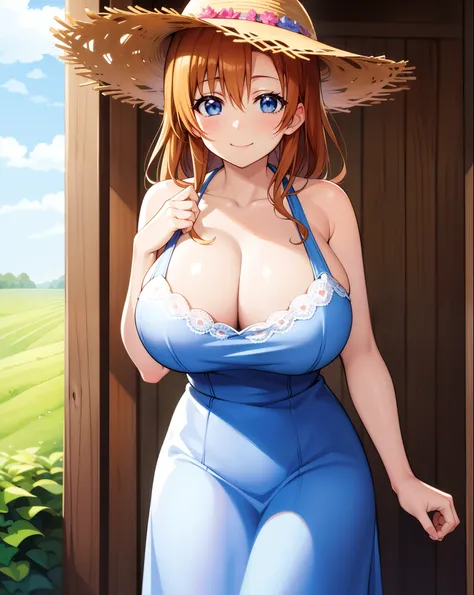 masterpiece, best quality, highres, kousaka honoka, blue eyes, pink farmer dress,straw hat, smile, gigantic breasts,milfication ,mature female ,milf,big breasts,gigantic breasts, standing,in farm, cleavage