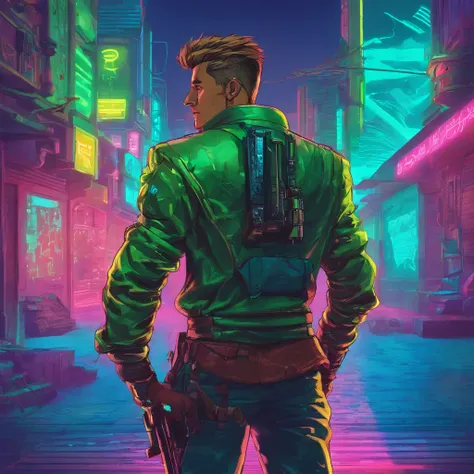 a male cyberpunk agent, standing, holding a bow, in a dim lit alley, blue and green lighting, from the back, close up low angle