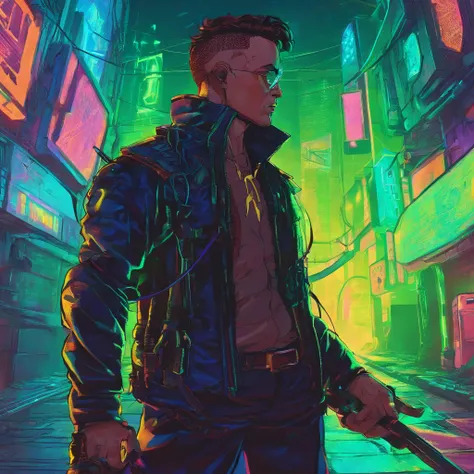 a male cyberpunk agent, standing, holding a bow, in a dim lit alley, blue and green lighting, from the back, close up low angle