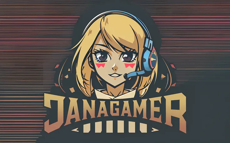 logo vector design with the text: "Jana Gamer", cute gamer blonde woman with dark brown colors eyes, anime style, colorful