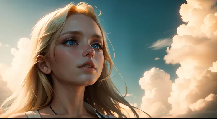 A cinematic poster of a young blonde woman, looking at the skies, vibrant, UHD