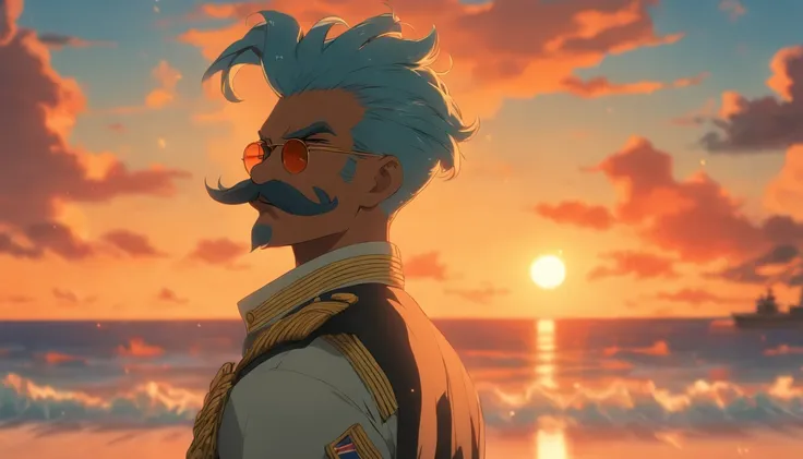 A Naval soldier with a mustache standing on a beach at sunset, blue hair tied up in a bun, round sunglasses, the mood is somber