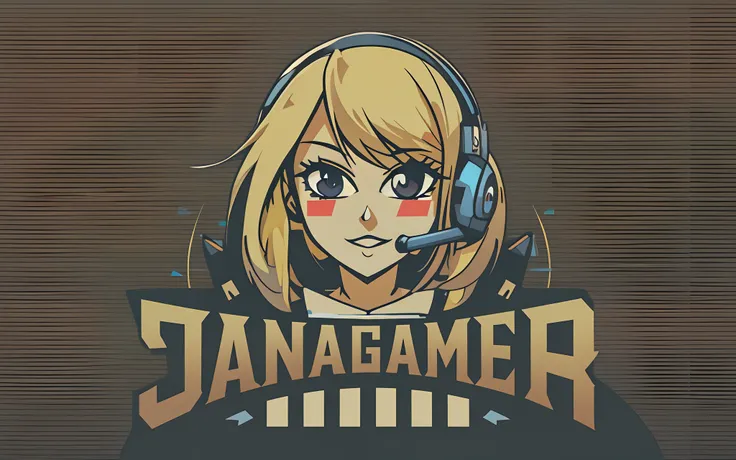 logo vector design with the text: "Jana Gamer", cute gamer blonde woman with dark brown colors eyes, anime style, colorful