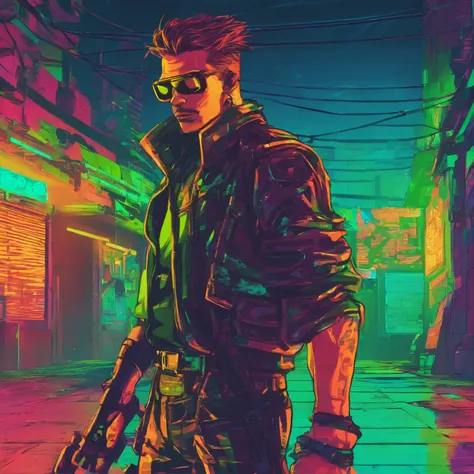 a male cyberpunk agent, standing, holding a bow, in a dim lit alley, blue and green lighting, from the back, close up low angle