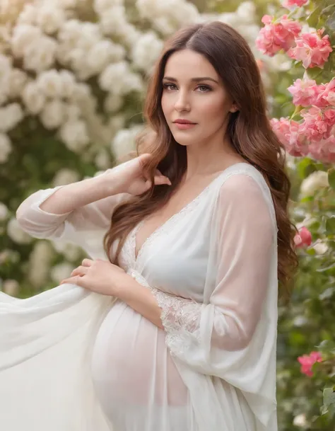 an up close photo of a pregnant woman, Beautiful pregnant woman, Stand with your hands dangling, long hair flowing with the wind, In the middle of colorful flower beds, White dress