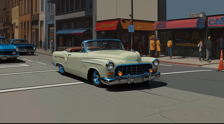 painting of a classic car driving down a street in a city, in style of digital painting, #1 digital painting of all time, # 1 digital painting of all time, in style of digital art, in style of digital illustration, posterized color, classic car, drawn with...