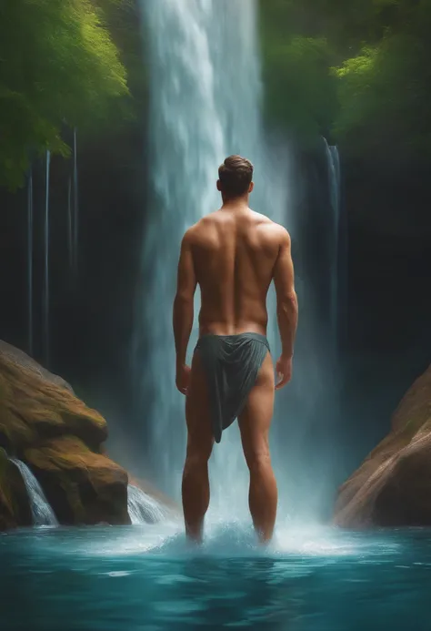 Help me draw a man bathing under a waterfall without panties。