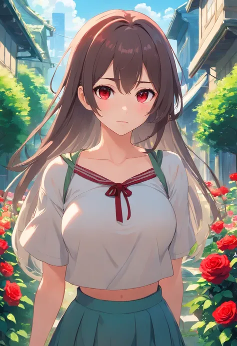 sliver long hair、red eyes、Beautiful girl alone、独奏、anime big breast、Western clothes、cropped shoulders、A miniskirt、borgar、Rose garden、A cold expression、Vampires