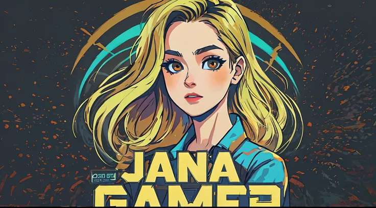 A woman with blonde hair and dark brown eyes stands in front of a dark background with the words "Jana Gamer", fanart de videogame, gamer aesthetic, Tema gamer, fanart oficial, Avatar de videogame