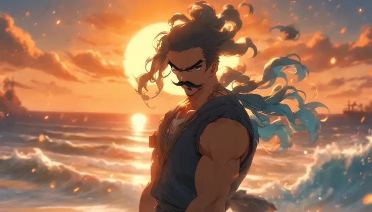 A male naval soldier with a mustache standing on a beach at sunset, long blue hair tied up in a bun, round sunglasses, dark blue outfit, in fighting pose with his guns, the mood is intense, and the lighting is bright