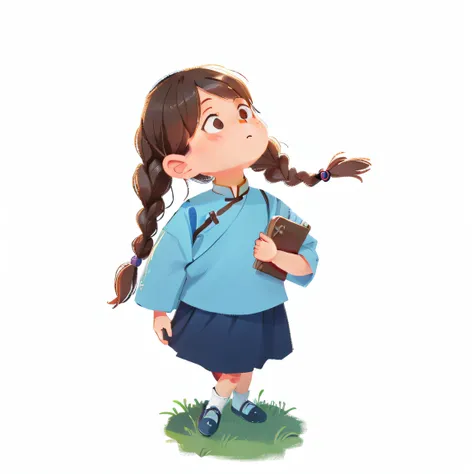 Cartoon girl with a braid, holding a Bible and looking up, Chinese girl, Female explorer mini cute girl, Girl standing, children illustration, cute character, girl in uniform, small loli girl, inspired by Chen Daofu, Girl with brown hair, character is in h...