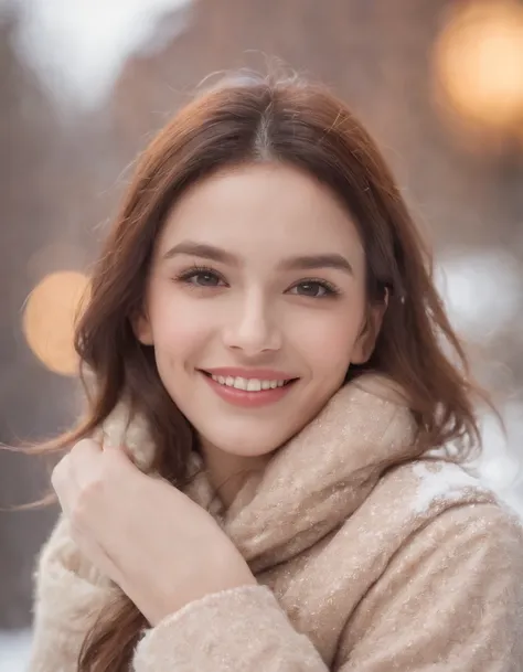 Light blush, smile, upper body, (winter clothes, snow, city, skirt, flowing hair,,) looking at the audience, beauty, best quality, super high resolution, (fidelity: 1.4), hiqcgbody, masterpiece, (realism: 1.4), best quality, beautiful lighting, detailed, c...