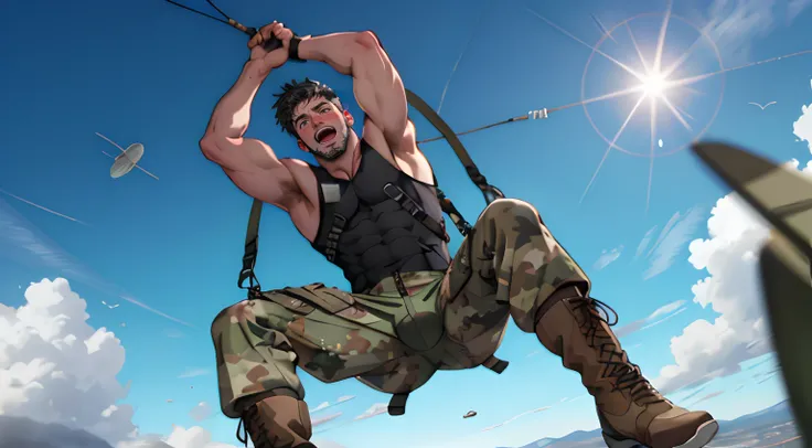 ((1boy)), male only, camouflage tank top, camouflage pants, showing his boots, vpl, bulge, stubble, muscular, best quality, depth of field, in the sky, parachuting in the sky, parachute, look at the viewer, sunshine, natural lights, detailed, masterpiece, ...