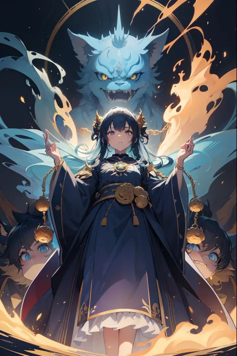 Create exquisite illustrations reminiscent of Makoto Shinkais style, Features ultra-fine details and top-notch quality、Create an illustration in which four creatures appear in front of the priestess, Looking down at her.

Blue Ghost (Blue Ghost): Draw a te...