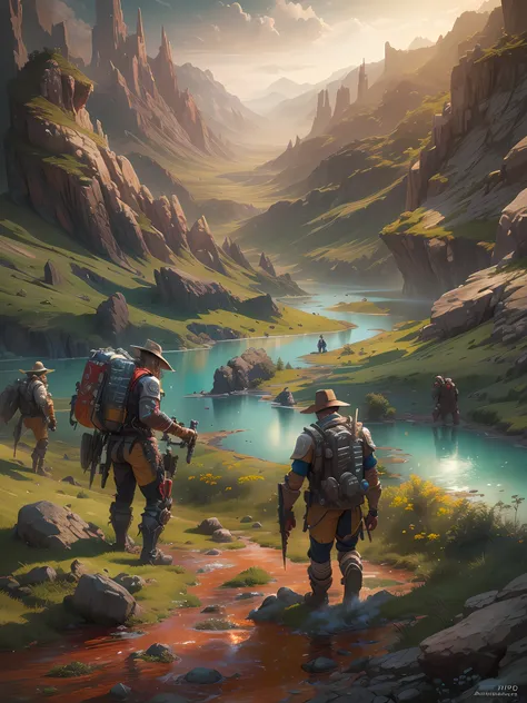 The scavengers find a valley with water in it, and decide they need to refill their empty waterskins, ultra hd, realistic, vivid colors, highly detailed, UHD drawing, pen and ink, perfect composition, beautiful detailed intricate insanely detailed octane r...