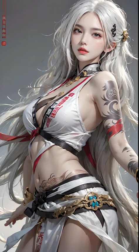 high resolution, 1 woman, hips up, Long hair, jewelry, tattoo, white hair, kungfu wear