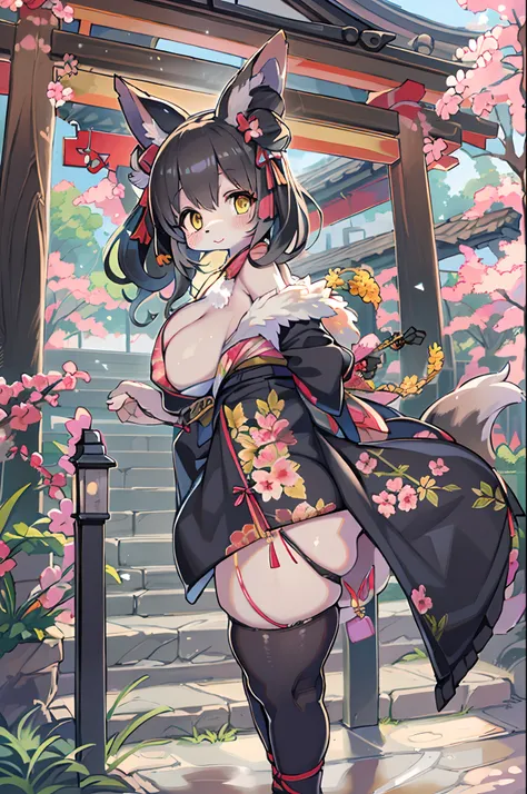 ((masutepiece,Best Quality)),2girls, Black kimono, Black legwear, a black ribbon, Black hair, cherryblossom, day, flower, Hair bun, Hair Ribbon, Komono, Kimono, Long hair, Looking at Viewer, Looking back , Multiple girls, Outdoors, bow ribbon, Sandals, sin...