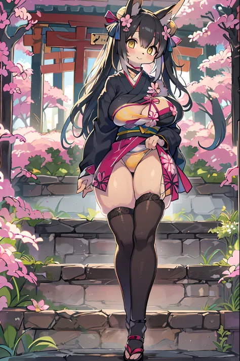 ((masutepiece,Best Quality)),2girls, Black kimono, Black legwear, a black ribbon, Black hair, cherryblossom, day, flower, Hair bun, Hair Ribbon, Komono, Kimono, Long hair, Looking at Viewer, Looking back , Multiple girls, Outdoors, bow ribbon, Sandals, sin...