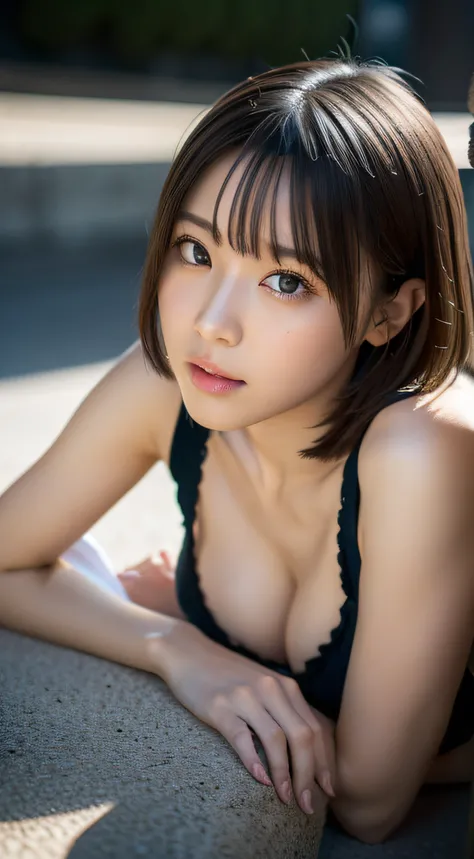 Street,(Keisan:1.5), NSFW,Naked,Lying on your back with your arms crossed behind your head、Legs are M-shaped legs、masutepiece, Best Quality, Original full-body image photo, Realistic, Face, Big breasts, , Incredibly ridiculous, Beautiful Girl, Cute, light ...