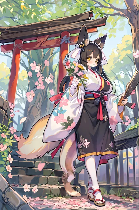 ((masutepiece,Best Quality)),2girls, Black kimono, Black legwear, a black ribbon, Black hair, cherryblossom, day, flower, Hair bun, Hair Ribbon, Komono, Kimono, Long hair, Looking at Viewer, Looking back , Multiple girls, Outdoors, bow ribbon, Sandals, sin...