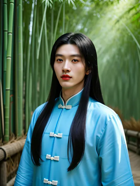 年轻，Ancient Chinese，male people。The background is a bamboo forest，fully body photo，Big eyes and red lips，Handsome long hair。Blue-trimmed clothing