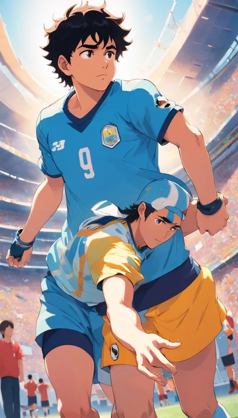 Diego Maradona con a camiseta del equipo nacional argentino en estilo anime , Standard scenario , mirar fijamente , (( Imagen sin deformidades )) , better resolution , mejor calidad , obra maestra