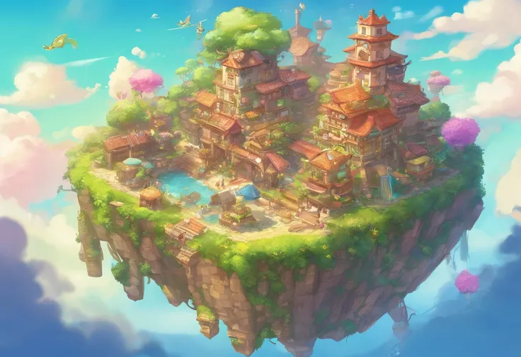 floating island, Decaying ruined cities and land in the sky, where once a prosperous city was formed, but the buildings made of stone and wood have decayed and are dominated by the life force of plants and trees. Collapsed and collapsed buildings, Collapse...