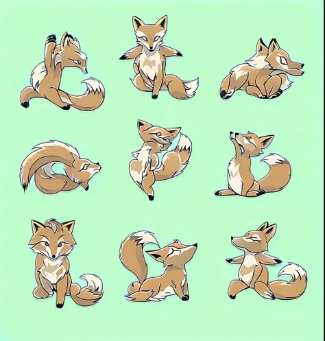 Close-up of cartoon fox with different expressions, various bending poses, Foxes, a variety of poses, relaxed poses, expressive poses, a variety of poses, playing with foxes, fox nobushi, diferentes poses, fox ears illustration, fox legs, Kitsune, Cute fox...