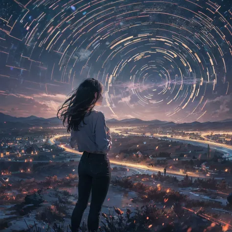 ((Best Quality, 8K, Masterpiece: 1.3)), landscape, morning shoot, star trail, slow speed, standing young woman with black hair, black jeans, look at the stars, amazing scenery, hundreds of stars forming a circle, light waves, futures city, magic in hands.