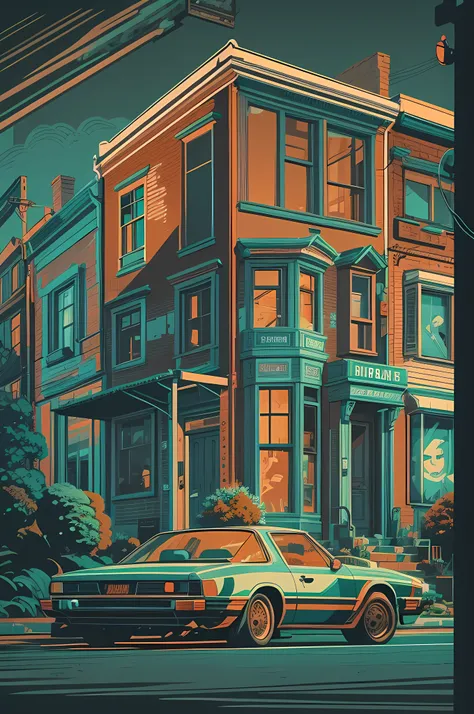 flat illustration, 80s art, houses on street, VHS cover, graphic, vector, (Style of Dan Mumford and Drew Struzan :0.3) masterpiece, poster, minimalist