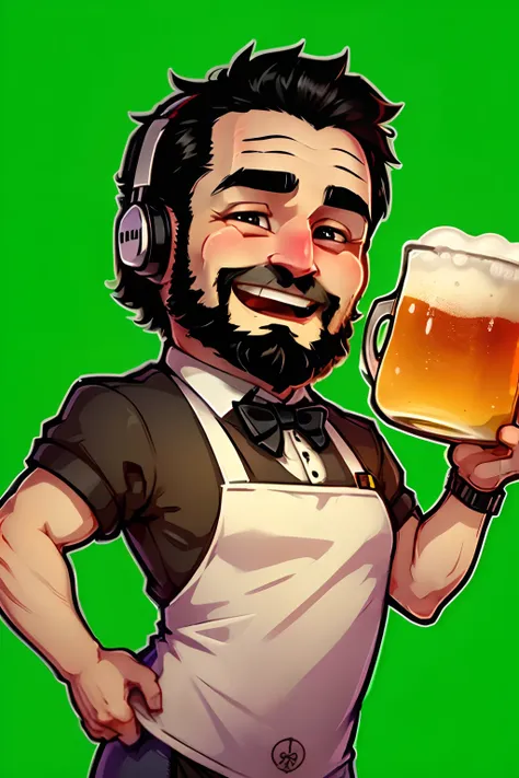 a stickers ,  man  who is a bartender. black short hair and beard  using a gaming headset. he has a friendly face and wears a ba...